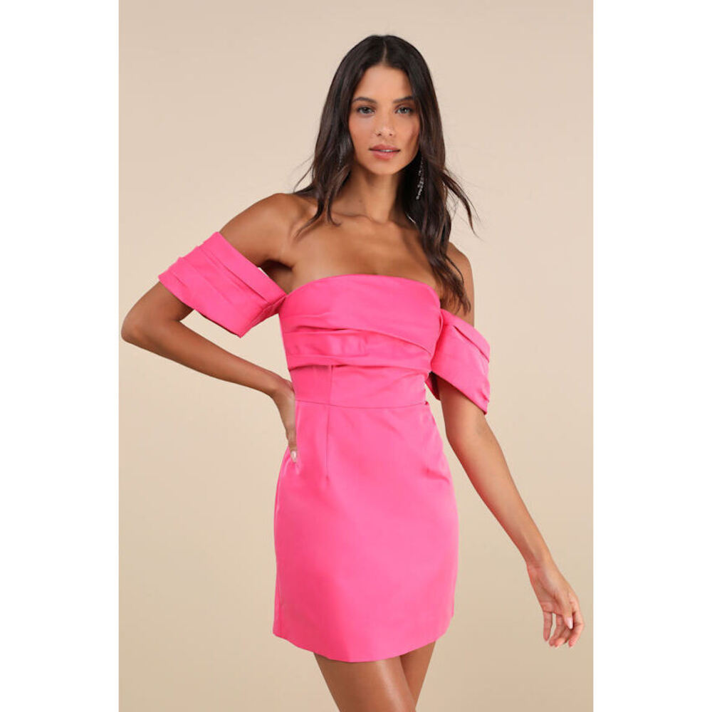 Lulus Totally Haute Hot Pink Satin Pleated Off-the-shoulder Mini Dress - Size M